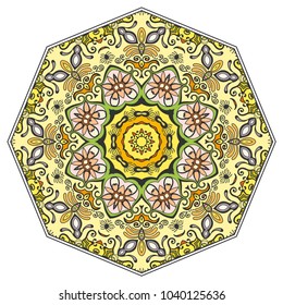 Mandala flower decoration, hand drawn round ornament, isolated design element on a white background. Vector geometric floral pattern. Tribal ethnic fashion motif for paper, textile, cloth fabric print