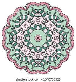 Mandala flower decoration, hand drawn round ornament, isolated design element on a white background. Vector geometric floral pattern. Tribal ethnic fashion motif for paper, textile, cloth fabric print