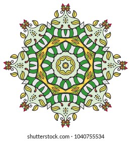 Mandala flower decoration, hand drawn round ornament, isolated design element on a white background. Vector geometric floral pattern. Tribal ethnic fashion motif for paper, textile, cloth fabric print