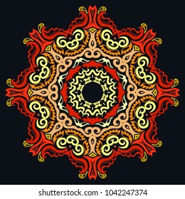 Mandala flower decoration, hand drawn round ornament, isolated design element on black background. Vector geometric floral pattern. Tribal ethnic fashion motif for paper, textile, cloth fabric print