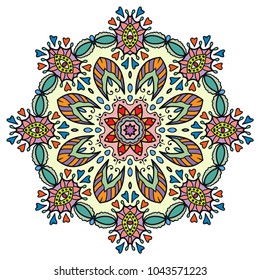 Mandala flower decoration, hand drawn round ornament, isolated design element on a white background. Vector geometric floral pattern. Tribal ethnic fashion motif for paper, textile, cloth fabric print