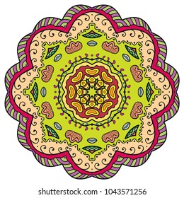 Mandala flower decoration, hand drawn round ornament, isolated design element on a white background. Vector geometric floral pattern. Tribal ethnic fashion motif for paper, textile, cloth fabric print