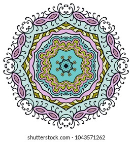 Mandala flower decoration, hand drawn round ornament, isolated design element on a white background. Vector geometric floral pattern. Tribal ethnic fashion motif for paper, textile, cloth fabric print