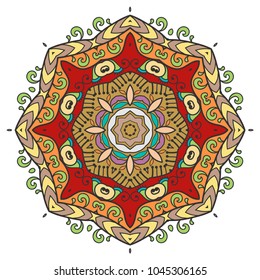 Mandala flower decoration, hand drawn round ornament, isolated design element on a white background. Vector geometric floral pattern. Tribal ethnic fashion motif for paper, textile, cloth fabric print