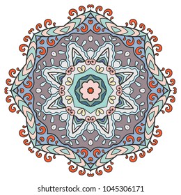 Mandala flower decoration, hand drawn round ornament, isolated design element on a white background. Vector geometric floral pattern. Tribal ethnic fashion motif for paper, textile, cloth fabric print