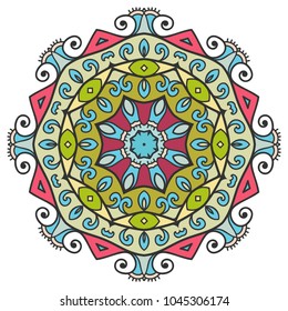 Mandala flower decoration, hand drawn round ornament, isolated design element on a white background. Vector geometric floral pattern. Tribal ethnic fashion motif for paper, textile, cloth fabric print