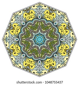 Mandala flower decoration, hand drawn round ornament, isolated design element on a white background. Vector geometric floral pattern. Tribal ethnic fashion motif for paper, textile, cloth fabric print