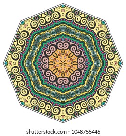 Mandala flower decoration, hand drawn round ornament, isolated design element on a white background. Vector geometric floral pattern. Tribal ethnic fashion motif for paper, textile, cloth fabric print