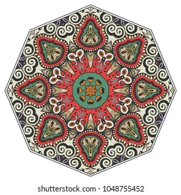 Mandala flower decoration, hand drawn round ornament, isolated design element on a white background. Vector geometric floral pattern. Tribal ethnic fashion motif for paper, textile, cloth fabric print