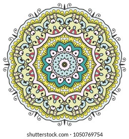 Mandala flower decoration, hand drawn round ornament, isolated design element on a white background. Vector geometric floral pattern. Tribal ethnic fashion motif for paper, textile, cloth fabric print