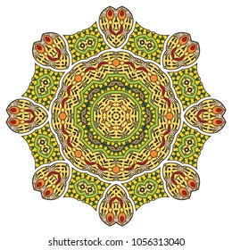 Mandala flower decoration, hand drawn round ornament, isolated design element on a white background. Vector geometric floral pattern. Tribal ethnic fashion motif for paper, textile, cloth fabric print