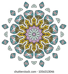 Mandala flower decoration, hand drawn round ornament, isolated design element on a white background. Vector geometric floral pattern. Tribal ethnic fashion motif for paper, textile, cloth fabric print