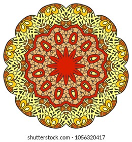 Mandala flower decoration, hand drawn round ornament, isolated design element on a white background. Vector geometric floral pattern. Tribal ethnic fashion motif for paper, textile, cloth fabric print