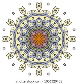 Mandala flower decoration, hand drawn round ornament, isolated design element on a white background. Vector geometric floral pattern. Tribal ethnic fashion motif for paper, textile, cloth fabric print
