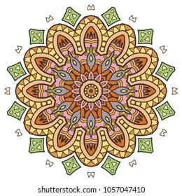 Mandala flower decoration, hand drawn round ornament, isolated design element on a white background. Vector geometric floral pattern. Tribal ethnic fashion motif for paper, textile, cloth fabric print