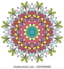 Mandala flower decoration, hand drawn round ornament, isolated design element on a white background. Vector geometric floral pattern. Tribal ethnic fashion motif for paper, textile, cloth fabric print