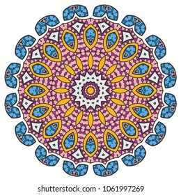 Mandala flower decoration, hand drawn round ornament, isolated design element on a white background. Vector geometric floral pattern. Tribal ethnic fashion motif for paper, textile, cloth fabric print