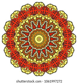 Mandala flower decoration, hand drawn round ornament, isolated design element on a white background. Vector geometric floral pattern. Tribal ethnic fashion motif for paper, textile, cloth fabric print
