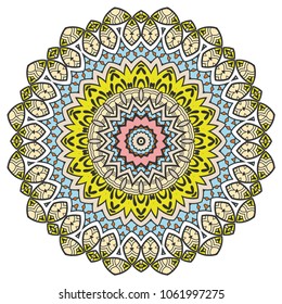 Mandala flower decoration, hand drawn round ornament, isolated design element on a white background. Vector geometric floral pattern. Tribal ethnic fashion motif for paper, textile, cloth fabric print