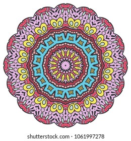 Mandala flower decoration, hand drawn round ornament, isolated design element on a white background. Vector geometric floral pattern. Tribal ethnic fashion motif for paper, textile, cloth fabric print