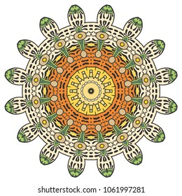 Mandala flower decoration, hand drawn round ornament, isolated design element on a white background. Vector geometric floral pattern. Tribal ethnic fashion motif for paper, textile, cloth fabric print
