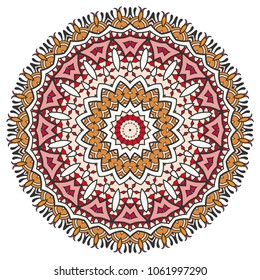 Mandala flower decoration, hand drawn round ornament, isolated design element on a white background. Vector geometric floral pattern. Tribal ethnic fashion motif for paper, textile, cloth fabric print