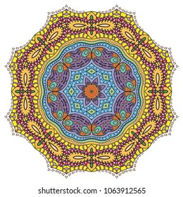 Mandala flower decoration, hand drawn round ornament, isolated design element on a white background. Vector geometric floral pattern. Tribal ethnic fashion motif for paper, textile, cloth fabric print