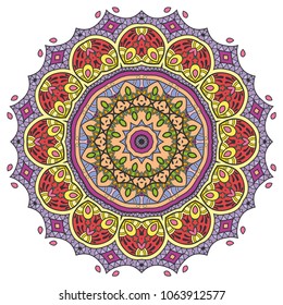 Mandala flower decoration, hand drawn round ornament, isolated design element on a white background. Vector geometric floral pattern. Tribal ethnic fashion motif for paper, textile, cloth fabric print
