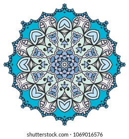 Mandala flower decoration, hand drawn round ornament, isolated design element on a white background. Vector geometric floral pattern. Tribal ethnic fashion motif for paper, textile, cloth fabric print