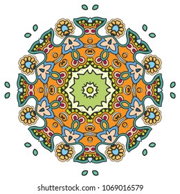 Mandala flower decoration, hand drawn round ornament, isolated design element on a white background. Vector geometric floral pattern. Tribal ethnic fashion motif for paper, textile, cloth fabric print