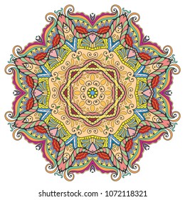Mandala flower decoration, hand drawn round ornament, isolated design element on a white background. Vector geometric floral pattern. Tribal ethnic fashion motif for paper, textile, cloth fabric print