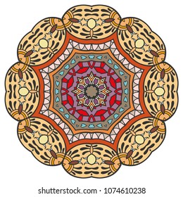 Mandala flower decoration, hand drawn round ornament, isolated design element on a white background. Vector geometric floral pattern. Tribal ethnic fashion motif for paper, textile, cloth fabric print