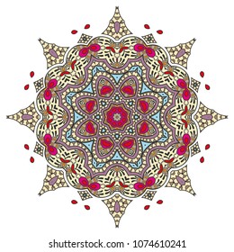 Mandala flower decoration, hand drawn round ornament, isolated design element on a white background. Vector geometric floral pattern. Tribal ethnic fashion motif for paper, textile, cloth fabric print