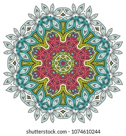 Mandala flower decoration, hand drawn round ornament, isolated design element on a white background. Vector geometric floral pattern. Tribal ethnic fashion motif for paper, textile, cloth fabric print