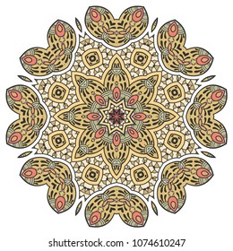 Mandala flower decoration, hand drawn round ornament, isolated design element on a white background. Vector geometric floral pattern. Tribal ethnic fashion motif for paper, textile, cloth fabric print