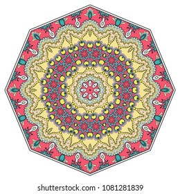 Mandala flower decoration, hand drawn round ornament, isolated design element on a white background. Vector geometric floral pattern. Tribal ethnic fashion motif for paper, textile, cloth fabric print