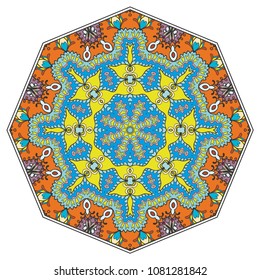 Mandala flower decoration, hand drawn round ornament, isolated design element on a white background. Vector geometric floral pattern. Tribal ethnic fashion motif for paper, textile, cloth fabric print