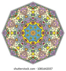 Mandala flower decoration, hand drawn round ornament, isolated design element on a white background. Vector geometric floral pattern. Tribal ethnic fashion motif for paper, textile, cloth fabric print