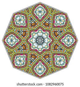 Mandala flower decoration, hand drawn round ornament, isolated design element on a white background. Vector geometric floral pattern. Tribal ethnic fashion motif for paper, textile, cloth fabric print