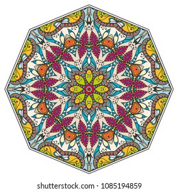 Mandala flower decoration, hand drawn round ornament, isolated design element on a white background. Vector geometric floral pattern. Tribal ethnic fashion motif for paper, textile, cloth fabric print