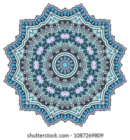 Mandala flower decoration, hand drawn round ornament, isolated design element on a white background. Vector geometric floral pattern. Tribal ethnic fashion motif for paper, textile, cloth fabric print