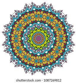 Mandala flower decoration, hand drawn round ornament, isolated design element on a white background. Vector geometric floral pattern. Tribal ethnic fashion motif for paper, textile, cloth fabric print
