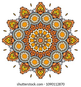 Mandala flower decoration, hand drawn round ornament, isolated design element on a white background. Vector geometric floral pattern. Tribal ethnic fashion motif for paper, textile, cloth fabric print