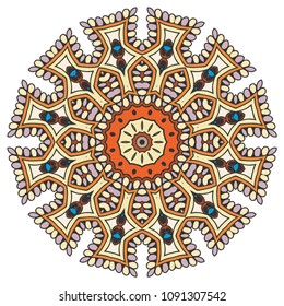 Mandala flower decoration, hand drawn round ornament, isolated design element on a white background. Vector geometric floral pattern. Tribal ethnic fashion motif for paper, textile, cloth fabric print