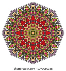 Mandala flower decoration, hand drawn round ornament, isolated design element on a white background. Vector geometric floral pattern. Tribal ethnic fashion motif for paper, textile, cloth fabric print