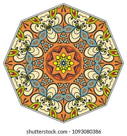 Mandala flower decoration, hand drawn round ornament, isolated design element on a white background. Vector geometric floral pattern. Tribal ethnic fashion motif for paper, textile, cloth fabric print