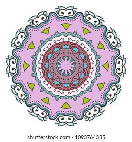 Mandala flower decoration, hand drawn round ornament, isolated design element on a white background. Vector geometric floral pattern. Tribal ethnic fashion motif for paper, textile, cloth fabric print
