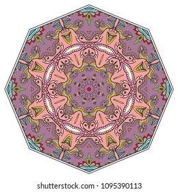 Mandala flower decoration, hand drawn round ornament, isolated design element on a white background. Vector geometric floral pattern. Tribal ethnic fashion motif for paper, textile, cloth fabric print