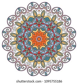 Mandala flower decoration, hand drawn round ornament, isolated design element on a white background. Vector geometric floral pattern. Tribal ethnic fashion motif for paper, textile, cloth fabric print