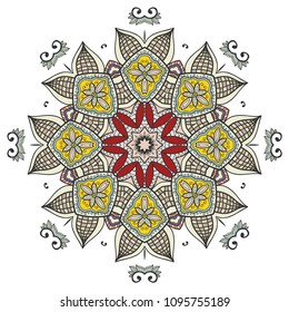 Mandala flower decoration, hand drawn round ornament, isolated design element on a white background. Vector geometric floral pattern. Tribal ethnic fashion motif for paper, textile, cloth fabric print